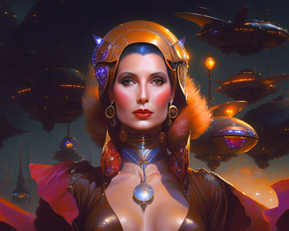 Futuristic portrait of woman in sleek armor and helmet with floating spacecraft in dark sky