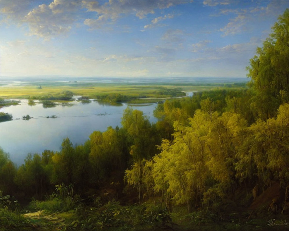 Tranquil landscape: lush greenery, meandering river, reflective water, dense trees, soft