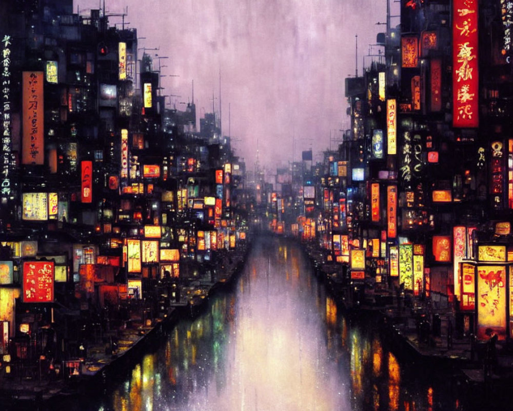 Neon-lit city street at night with glowing signs