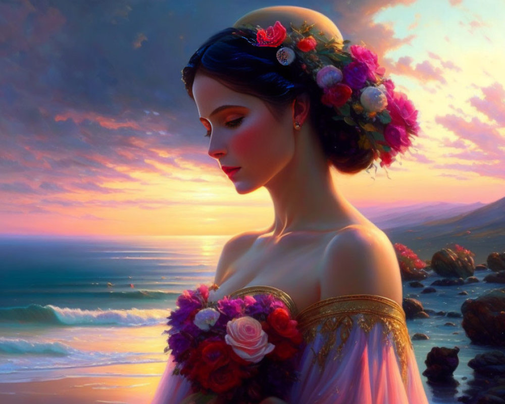 Woman with flower crown gazing at sunset by the seaside
