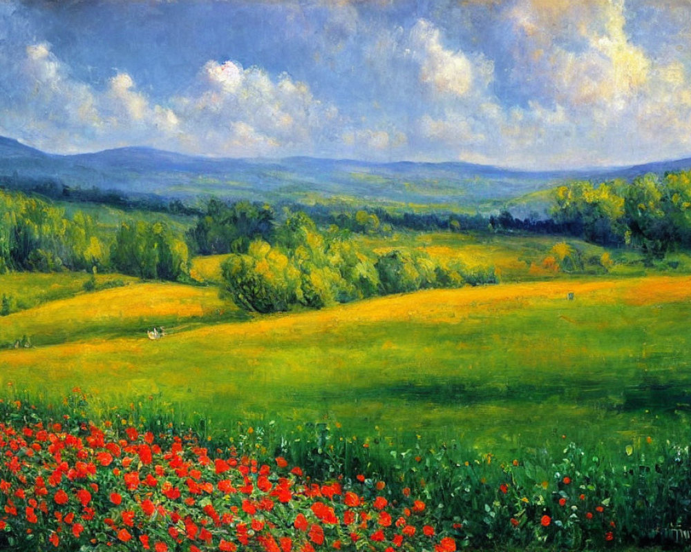 Colorful landscape painting: red poppies, greenery, rolling hills, cloudy sky