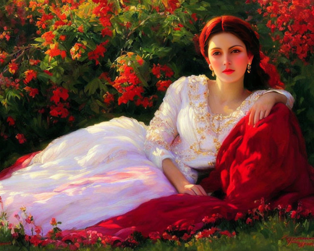 Woman in white and gold dress surrounded by red flowers and earrings