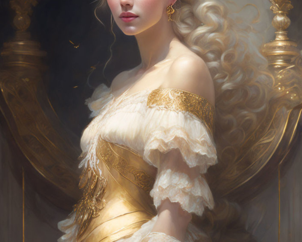 Blonde lady in gold-trimmed white gown with floral accessories