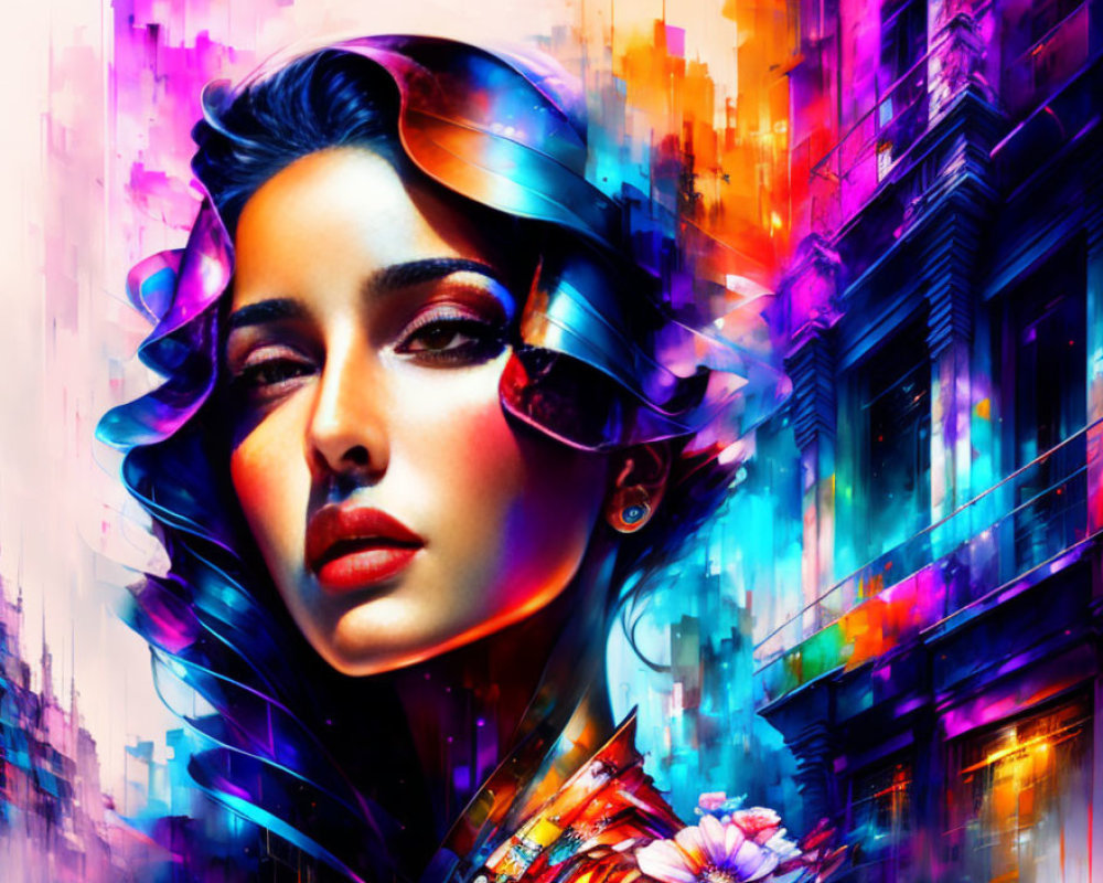 Vibrant digital art: Woman's portrait merges with neon cityscape and floral motifs
