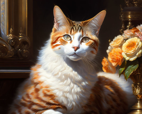 Orange and White Cat Beside Peach Roses