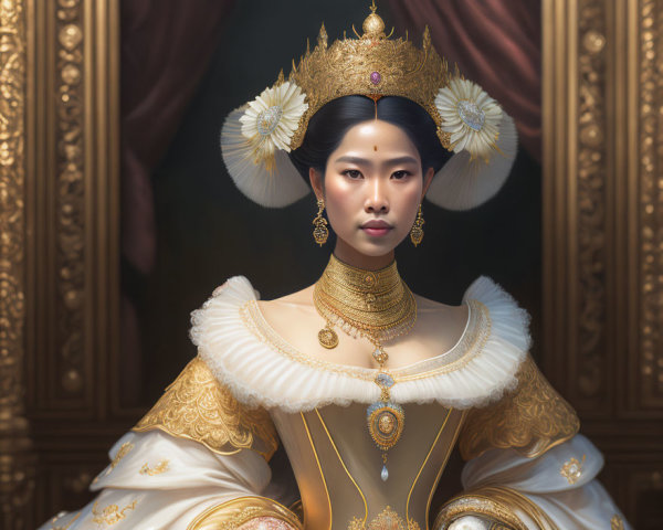 Regal Woman in Gold and White Dress with Traditional Headgear