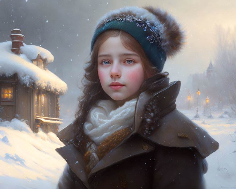 Young girl in winter attire by snow-covered cottage with lanterns
