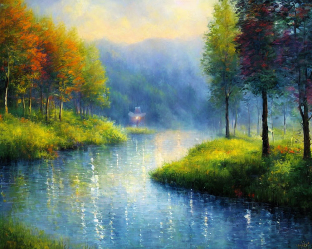 Tranquil riverside landscape with colorful trees and boat