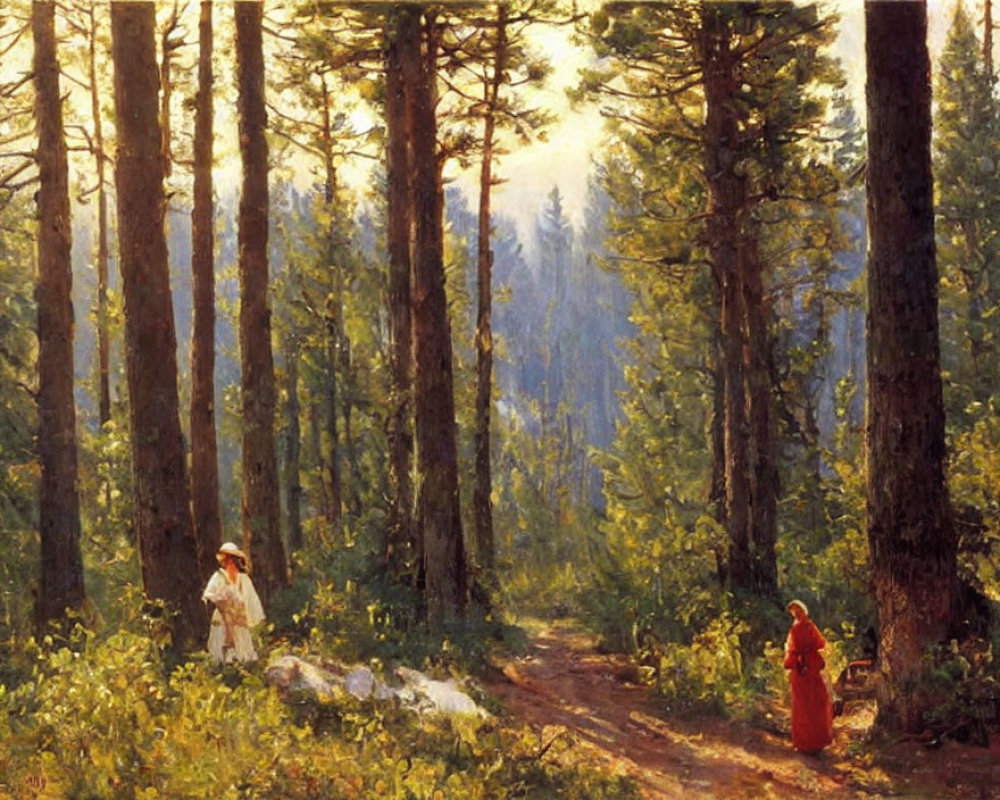 Two individuals in white and red clothing on a sunlit forest path among tall pine trees