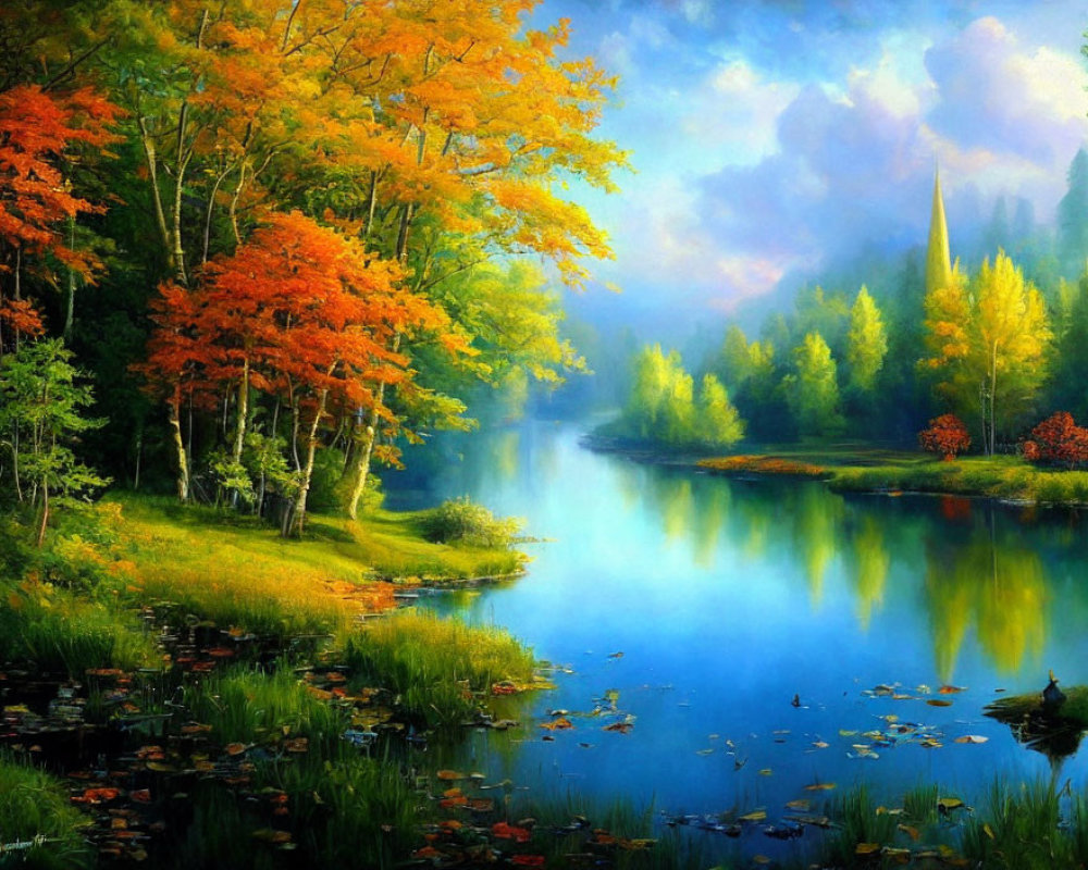 Tranquil forest river with autumn foliage reflections