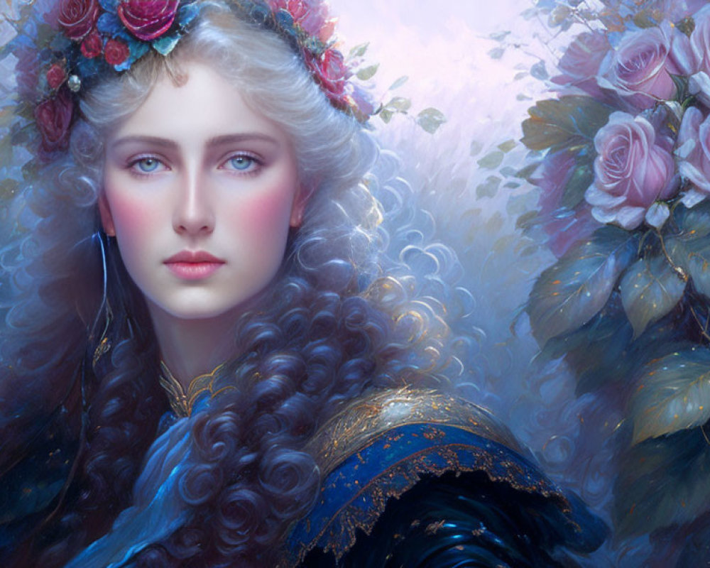 Woman with Curly Hair in Blue Attire Surrounded by Ethereal Blooms