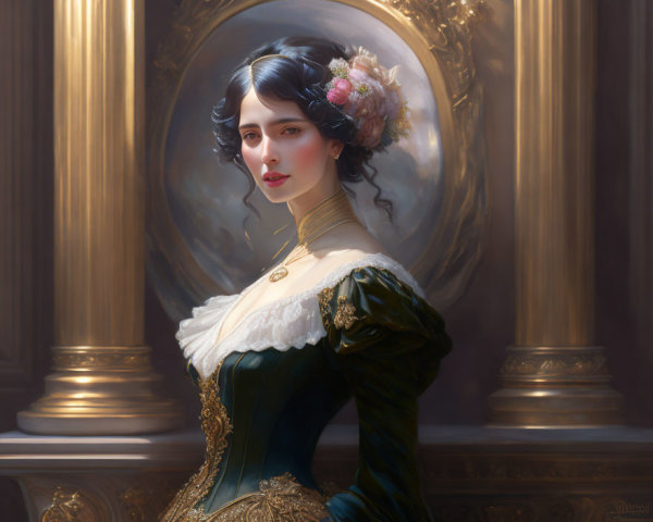 Victorian woman in green dress and lace collar by ornate mirror
