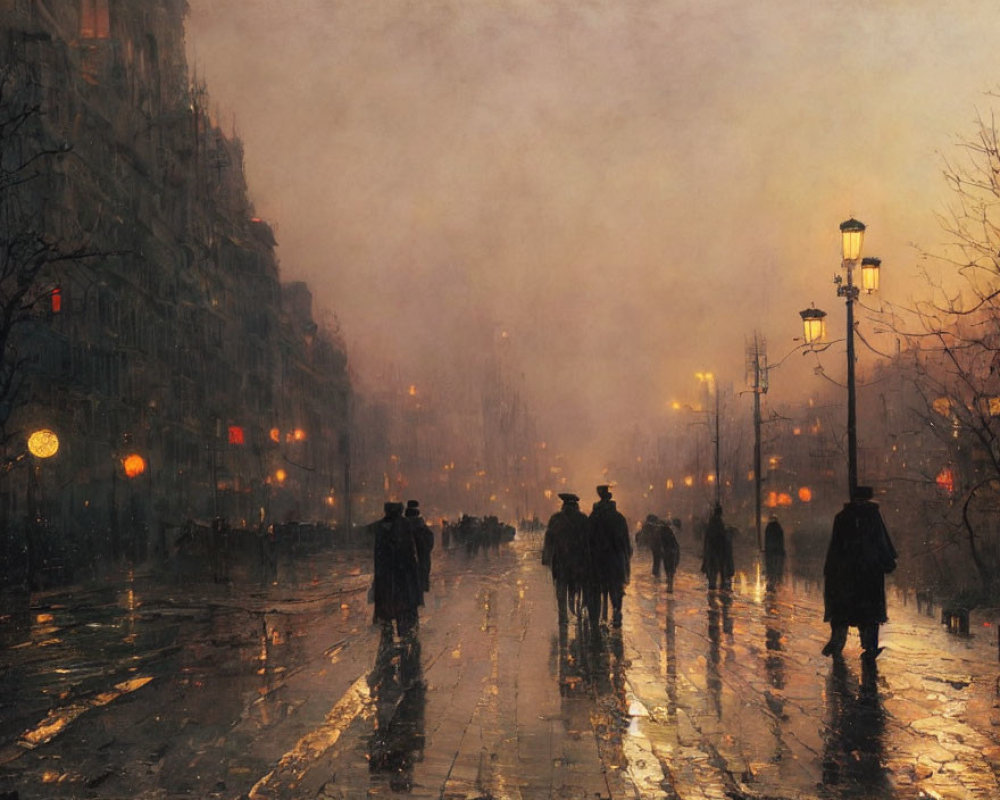 Twilight city scene with misty silhouettes on wet street
