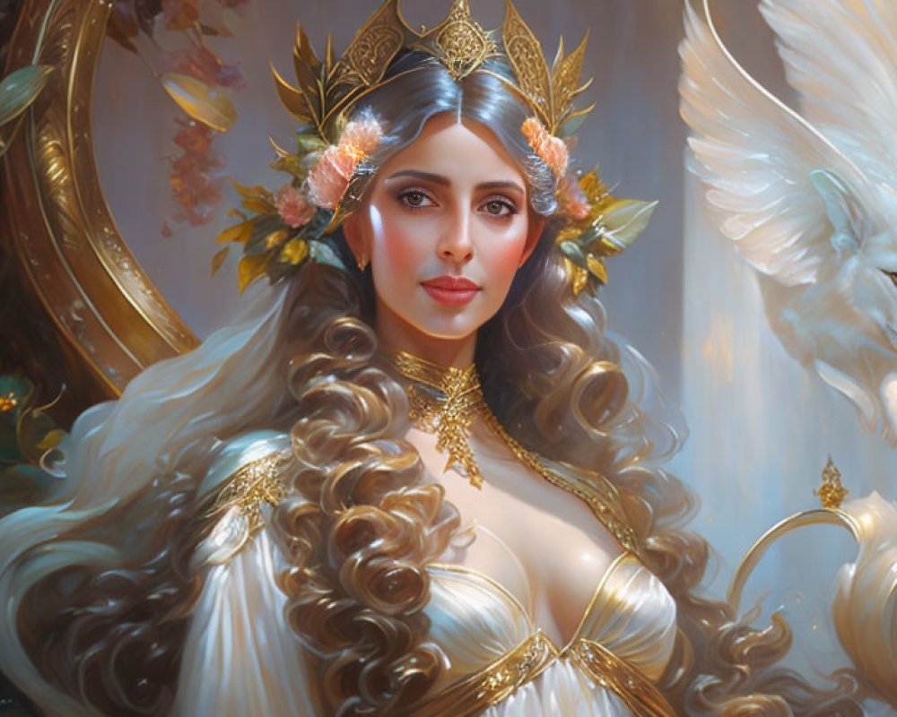 Fantasy queen with long wavy hair and golden crown beside mystical white flying creature