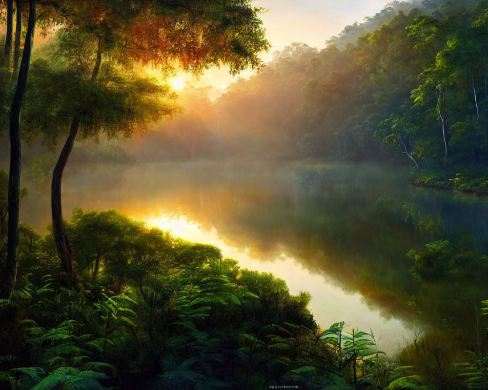Scenic sunrise over misty lake and trees