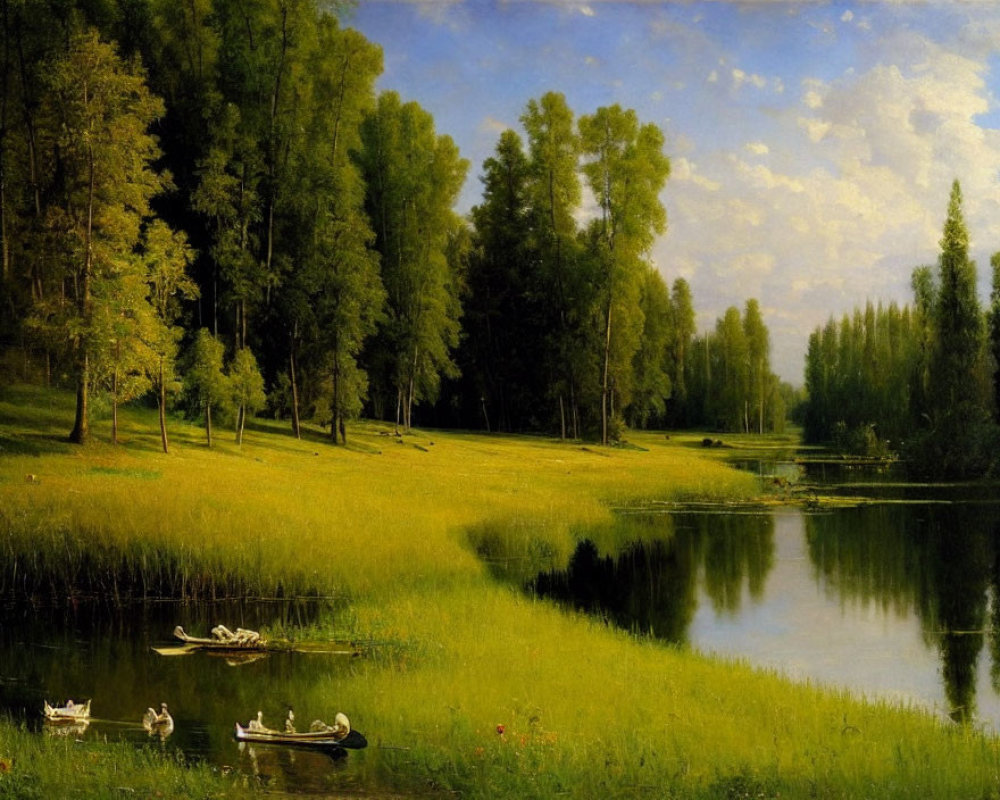 Tranquil landscape painting with people rowing boats on a calm river