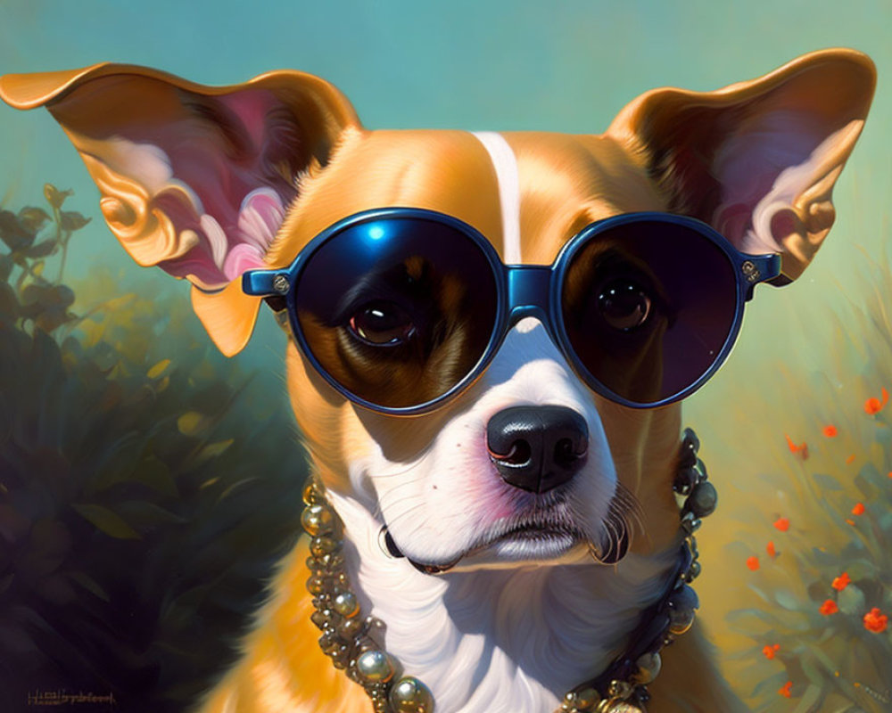 Illustration of a dog in sunglasses and pearl necklace on floral backdrop