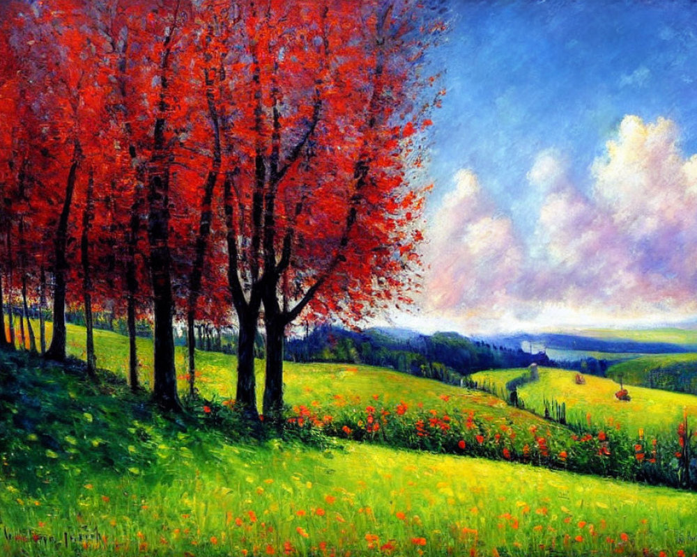 Colorful landscape painting: red trees, green hill, blooming flowers