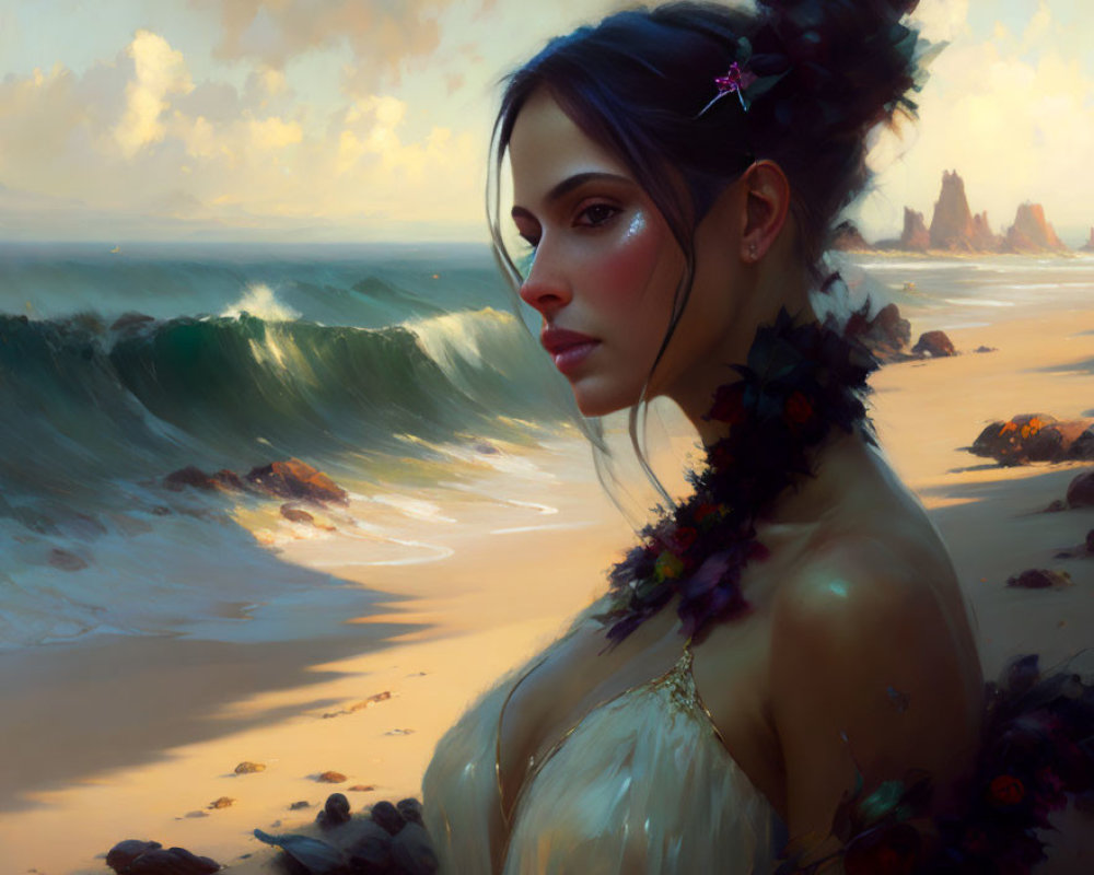 Dark-haired woman adorned with flowers gazes pensively at turbulent sea.