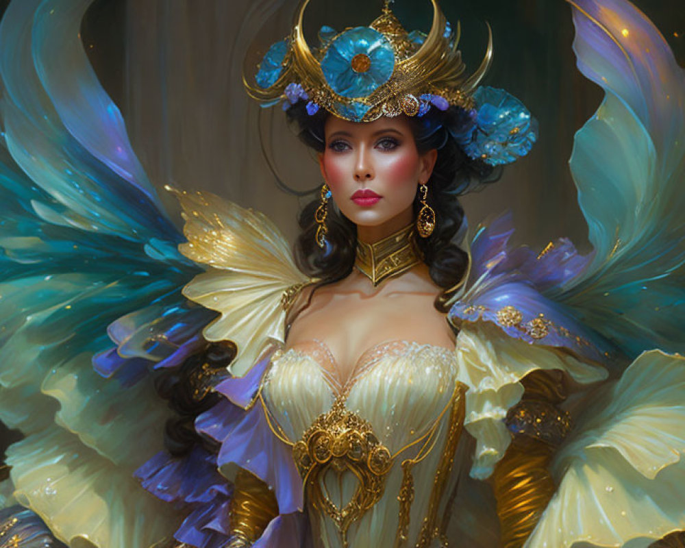 Elaborate golden and blue attire with regal headdress and gem