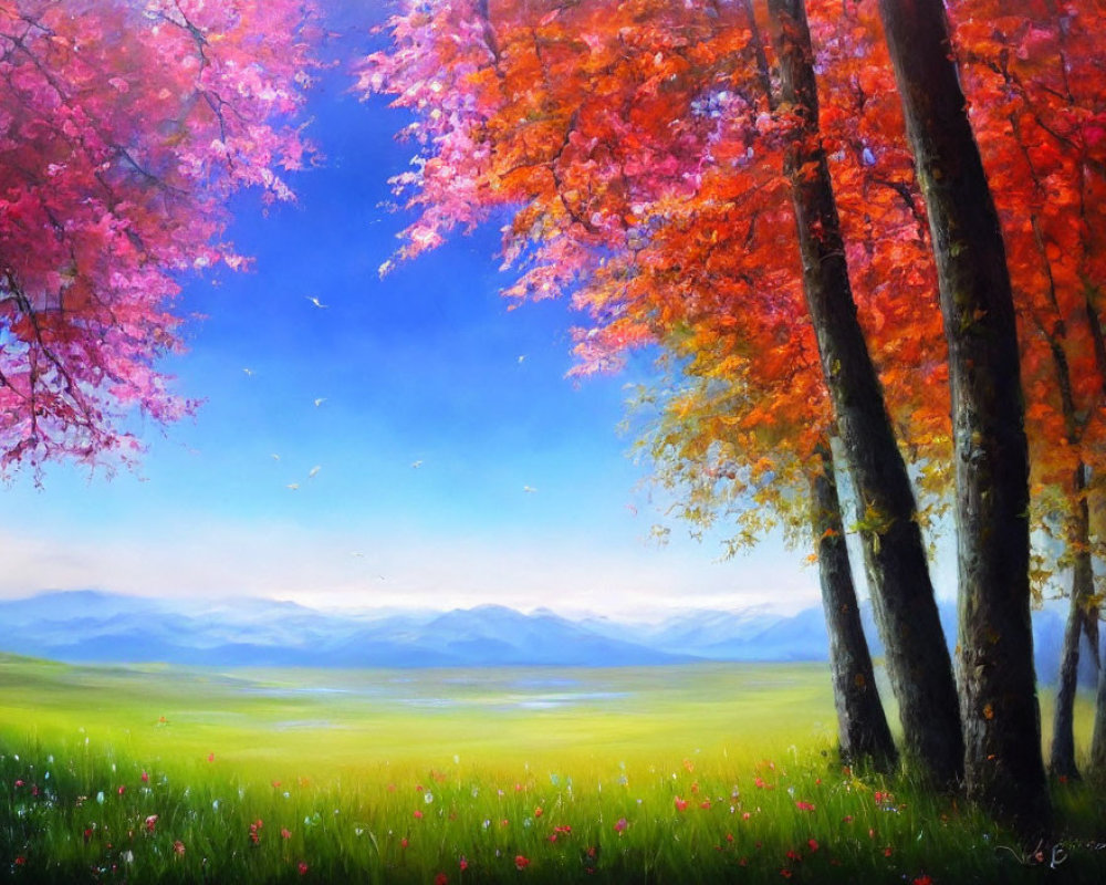 Colorful painting of lush meadow with blooming trees, mountains, and flowers