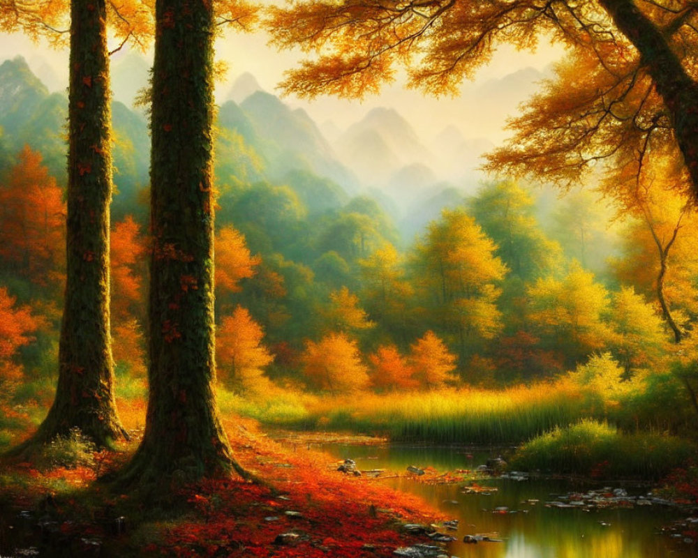 Golden leaves, sunlight, stream, and misty mountains in autumn forest