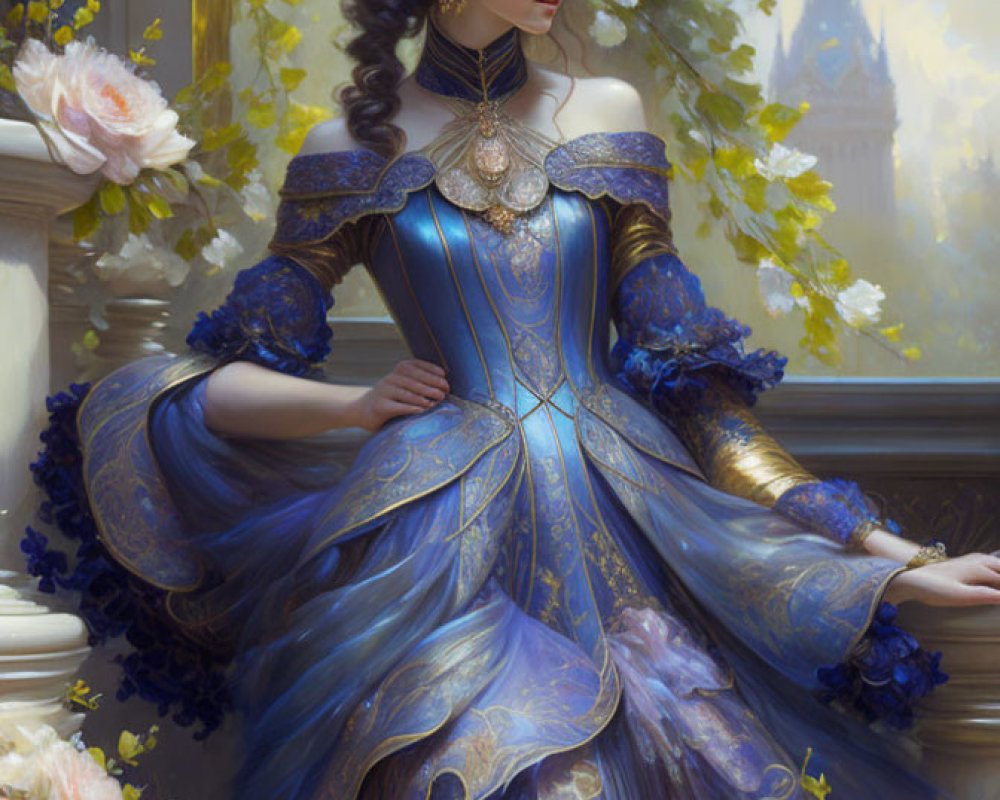 Victorian woman in blue and gold dress by castle and flowers