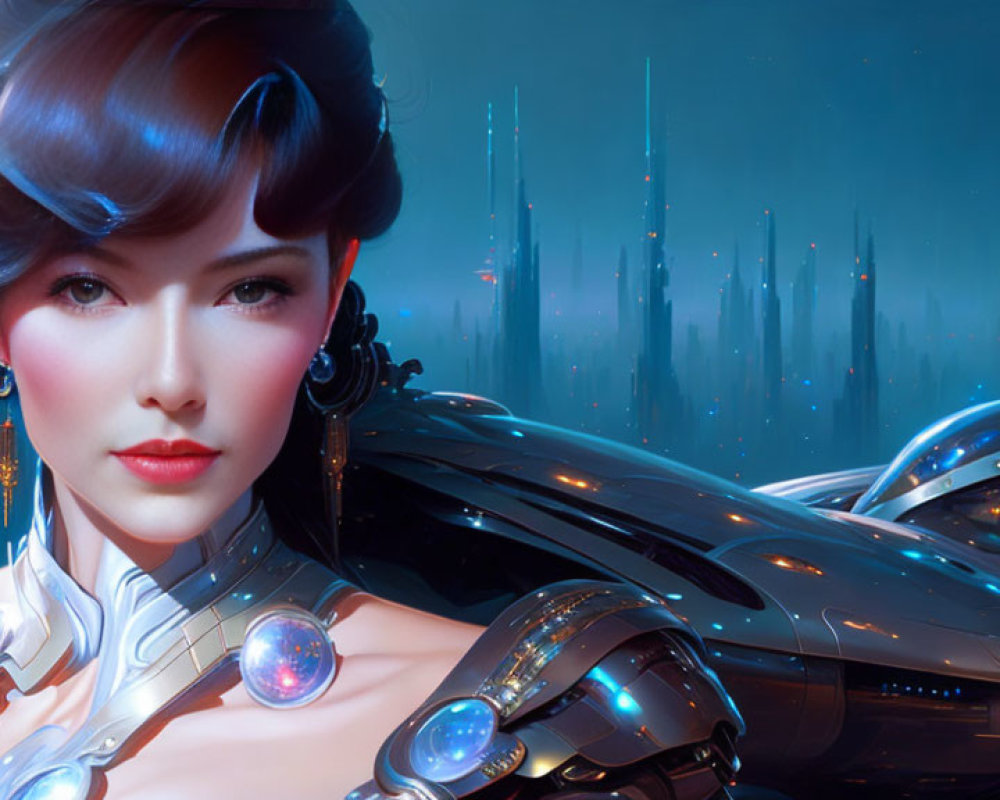 Futuristic woman portrait in neon cityscape with sleek vehicles