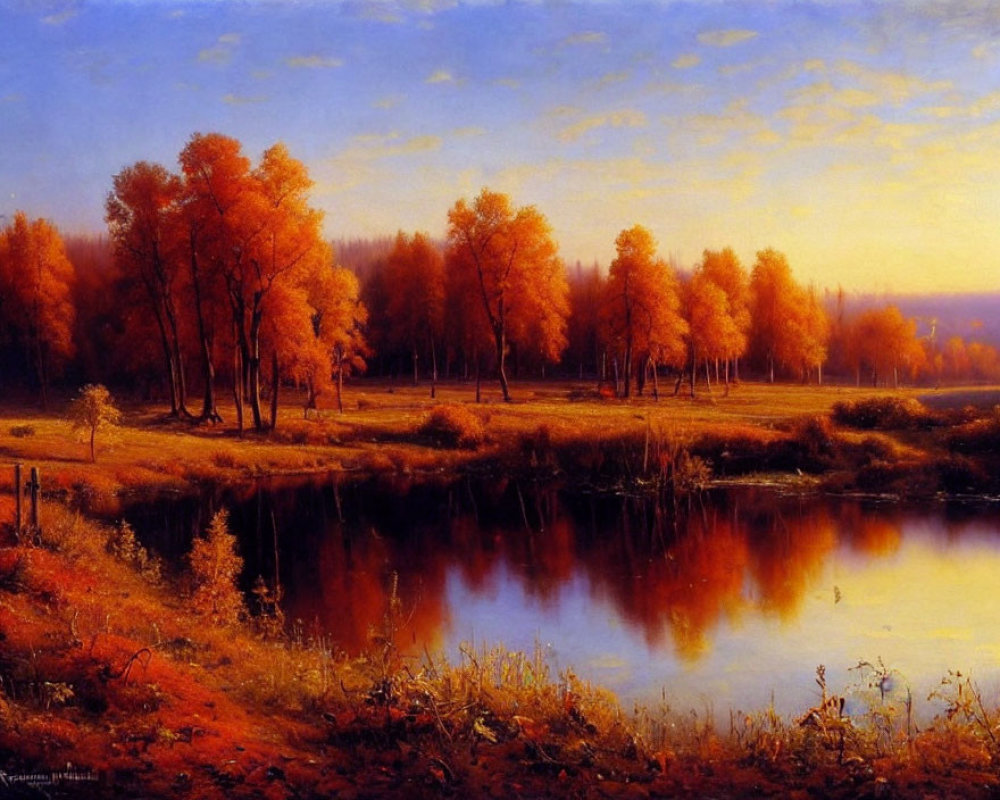 Tranquil Autumn Scene: Golden Trees, Calm Lake, Warm Sunlight