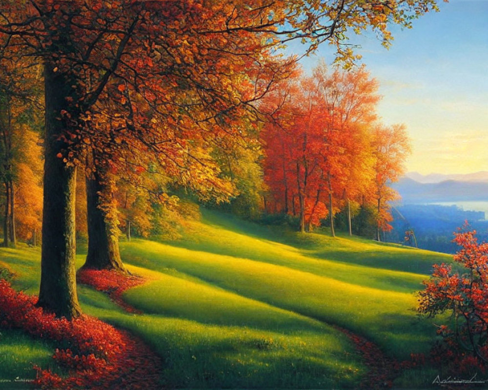 Golden-hued trees in lush autumn landscape