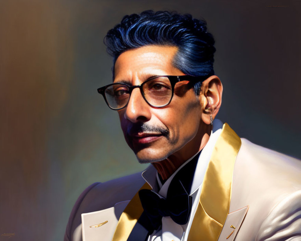 Stylish man in golden suit with bow tie & glasses