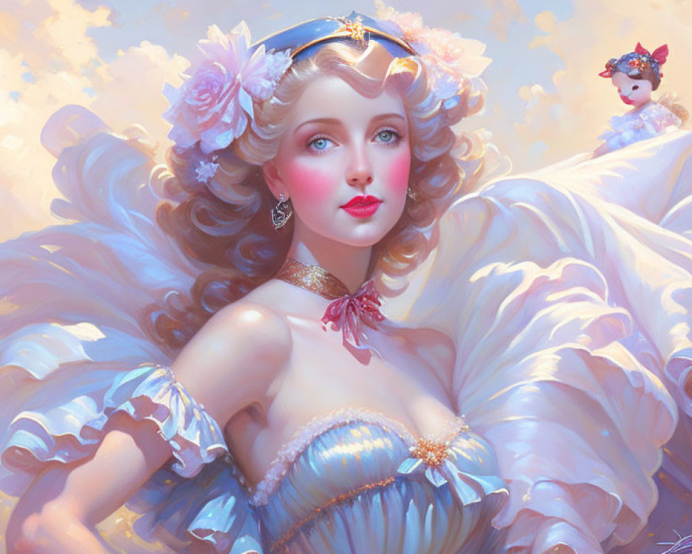 Illustrated elegant woman with flowers in hair under golden sky.
