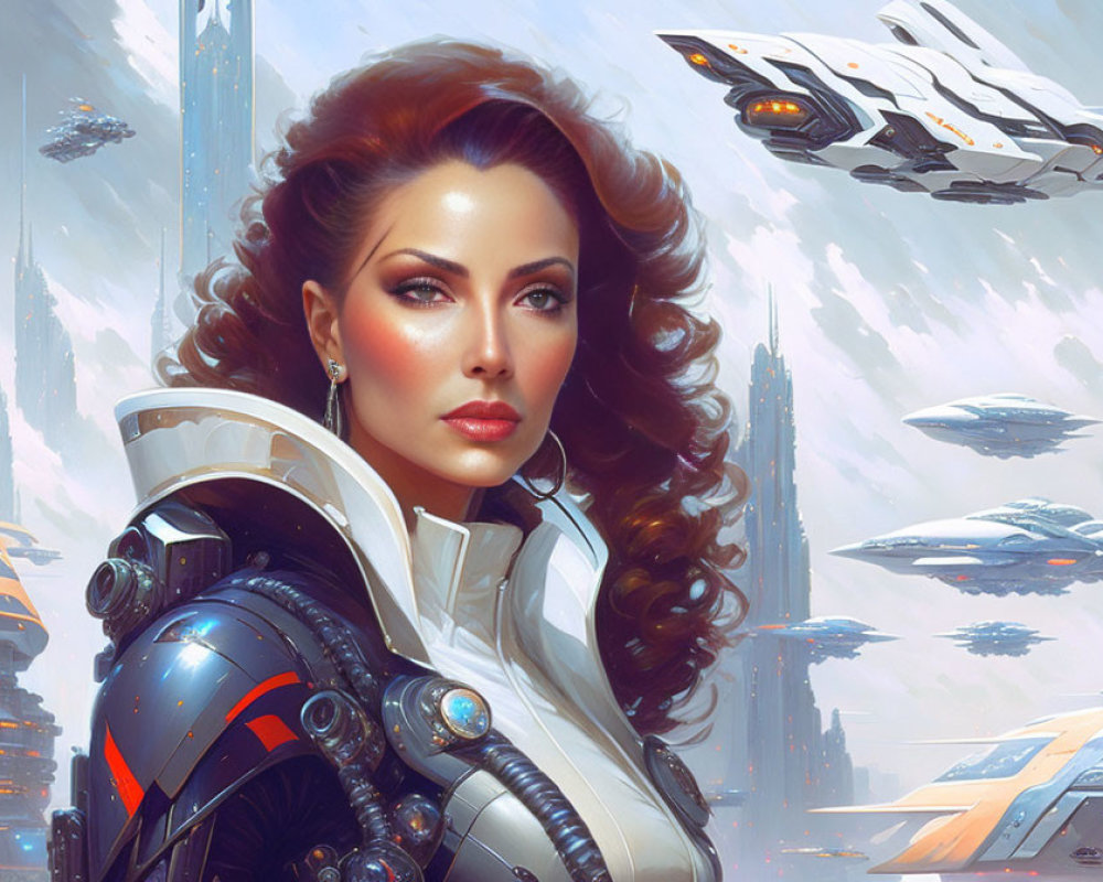 Futuristic digital artwork of woman in armor in sci-fi cityscape