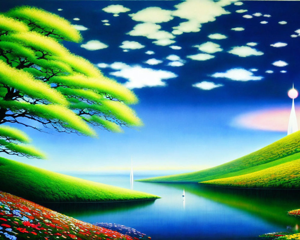 Stylized landscape with green hills, blue lake, sailboats, wildflowers, and whimsical