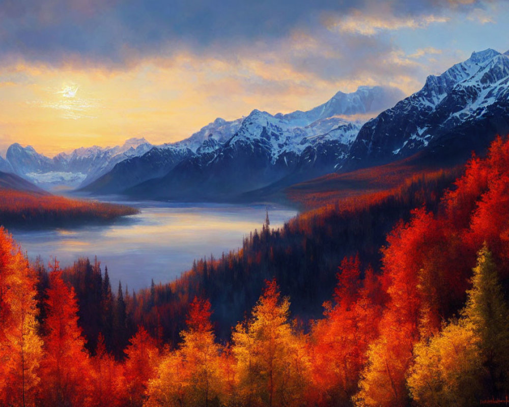 Autumn landscape with river, colorful trees, mountains, and sunset.