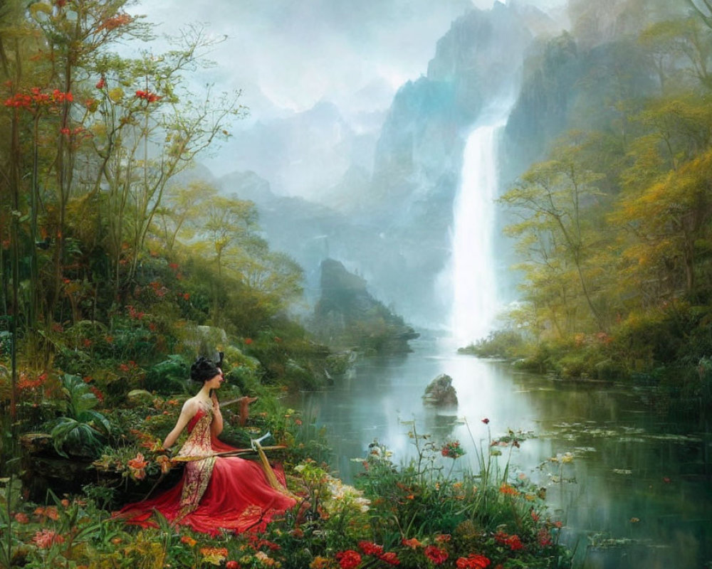 Woman in red dress playing guqin by misty river with waterfall - serene painting