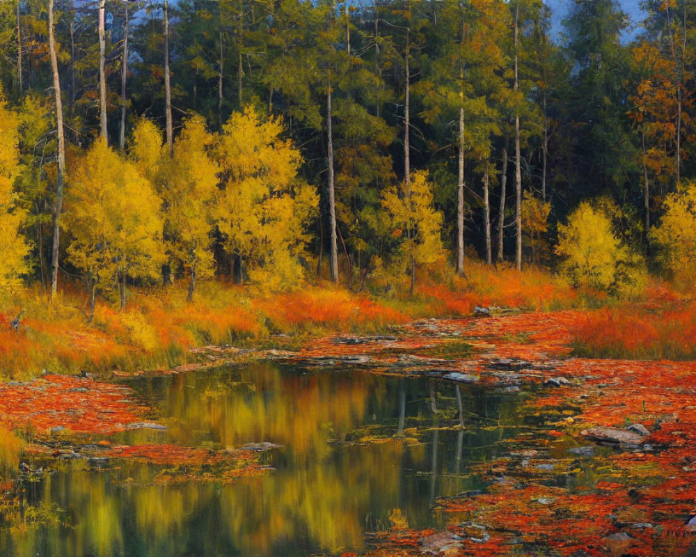 Tranquil Autumn Scene: Reflective Pond, Yellow and Green Trees, Vibrant Red Plants