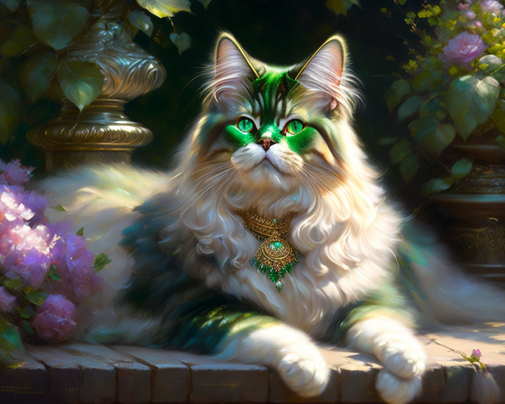 Long-Haired Cat with Green Eyes Wearing Jeweled Necklace in Garden