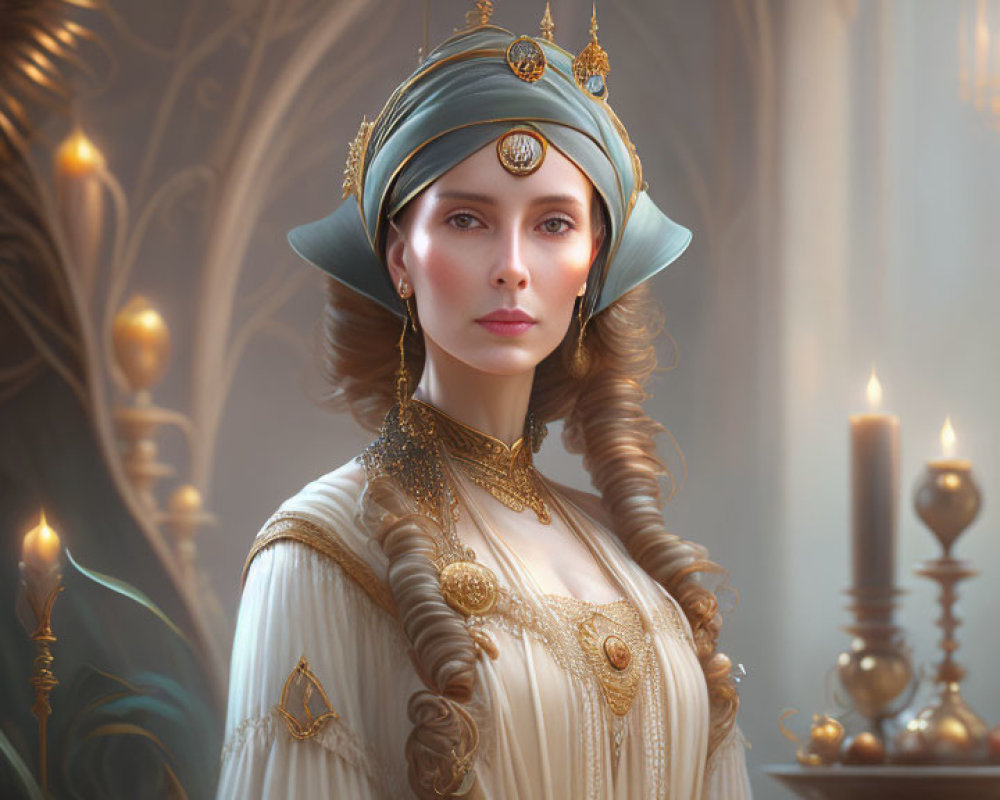 Regal woman in ornate attire with gold jewelry and blue headdress in elegant candlelit room