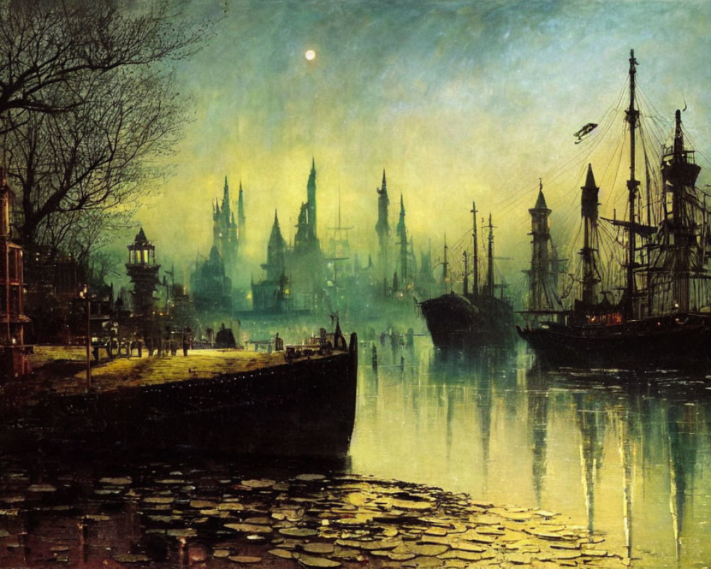 Nighttime harbor painting with ships, city skyline, and crescent moon.