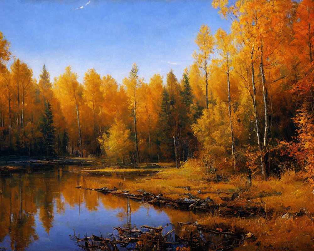 Tranquil autumn landscape with golden-orange trees, calm lake, and blue sky