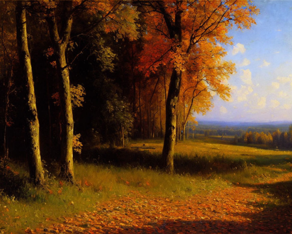 Tranquil autumn landscape with orange and red trees and fallen leaves