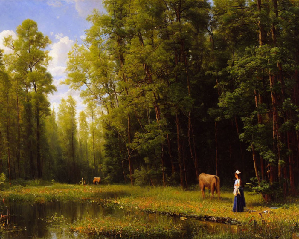 Tranquil forest scene with woman, horse, and pond