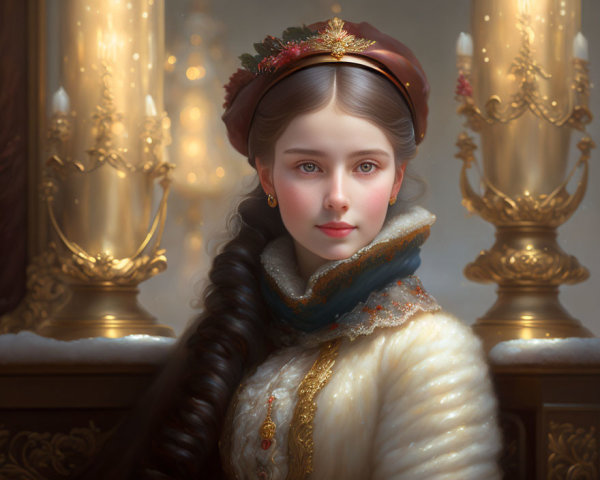 Portrait of Woman with Braided Hairstyle, Headpiece, Fur Garment, Golden Jewelry, and