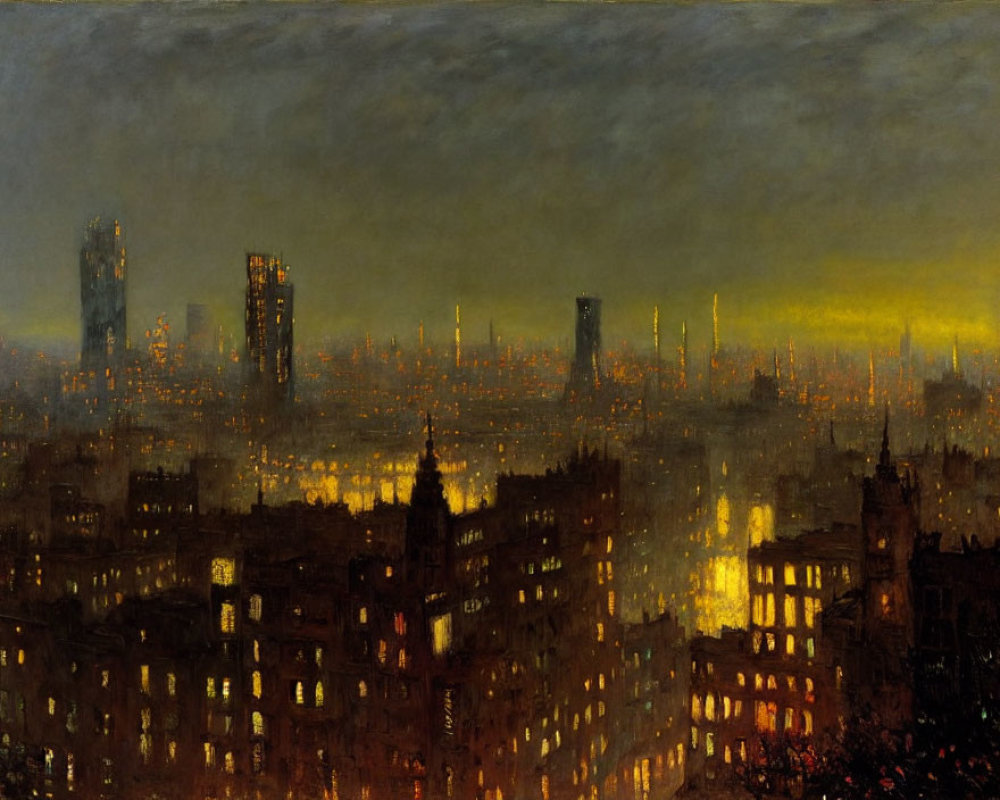 Cityscape at Dusk: Glowing Lights, Silhouetted Buildings