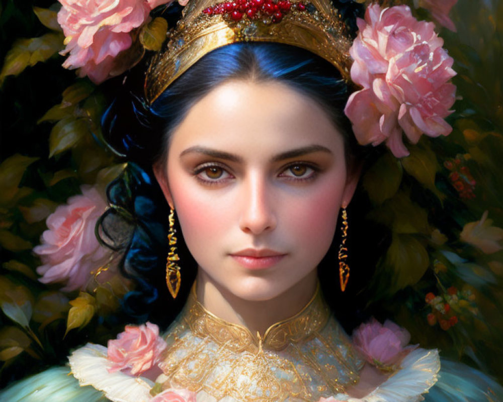 Woman with Blue Hair and Golden Adornments in Floral Portrait
