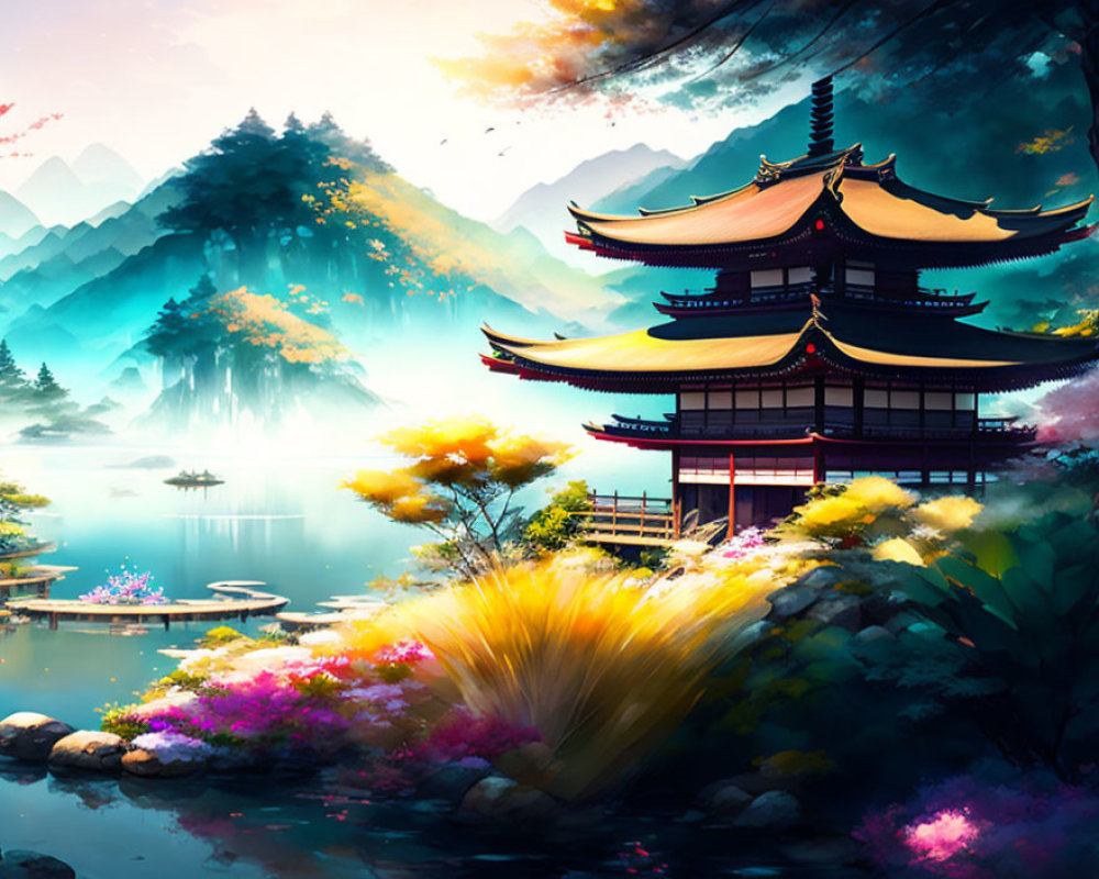 Traditional East Asian pagoda in misty lake setting with colorful flora and mountains