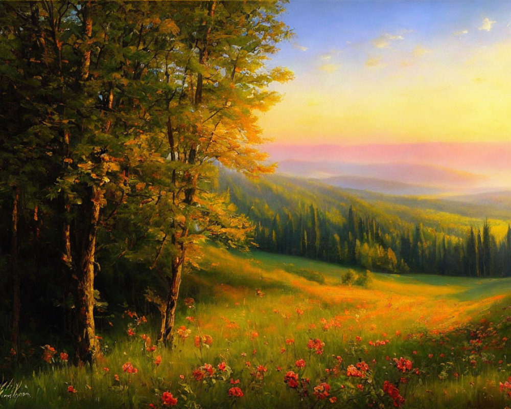 Tranquil sunset landscape with flower meadow and trees