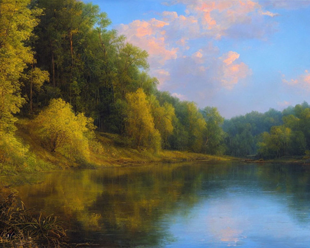Tranquil autumn river with reflections and pink sky