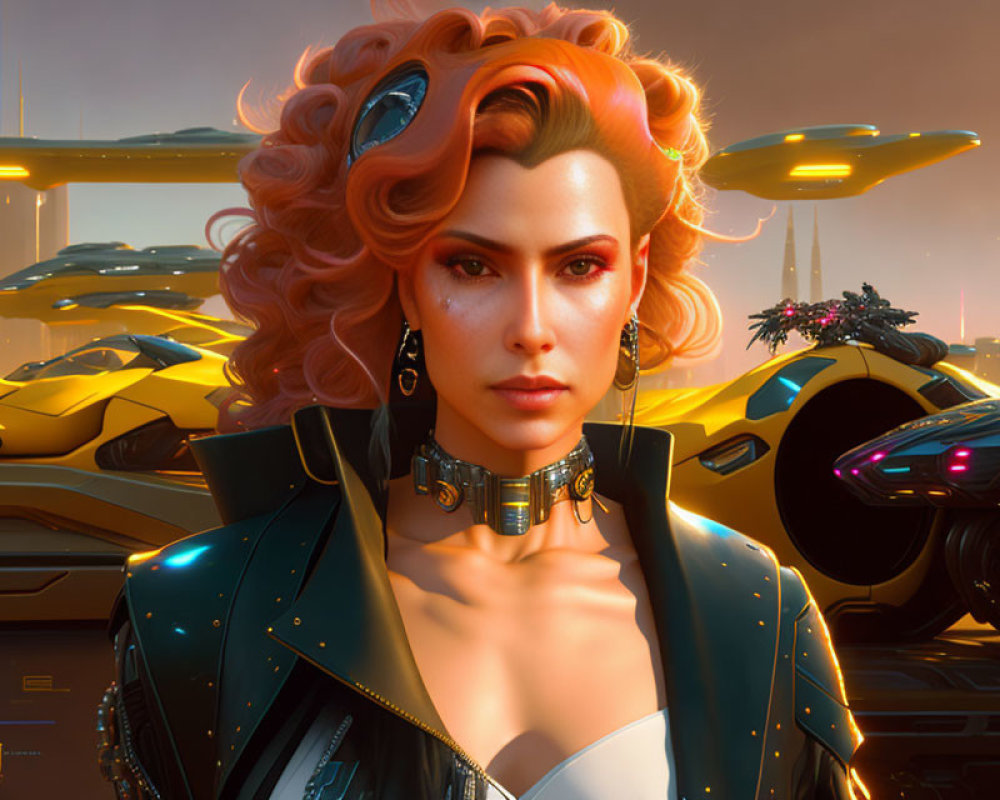 Digital artwork: Woman with red hair in futuristic attire against sci-fi cityscape.